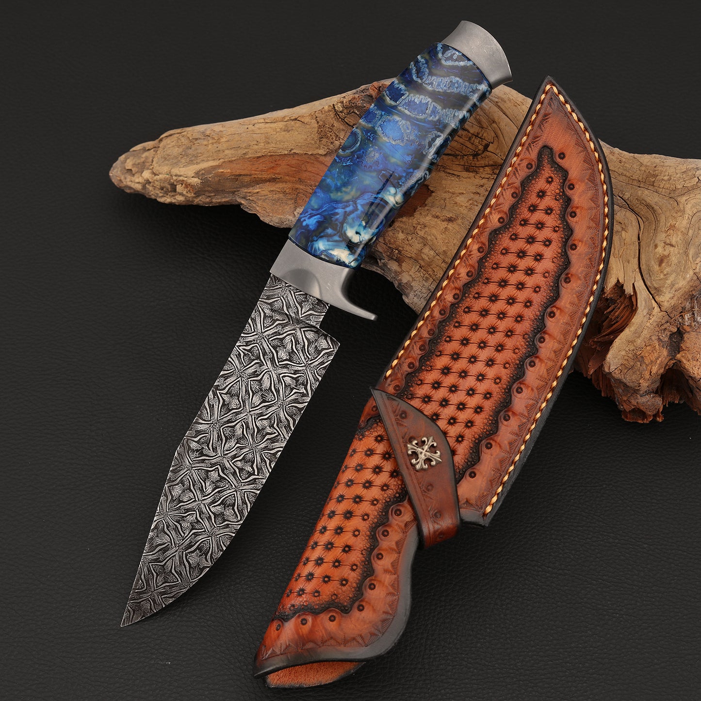 Custom Hunter in Mosaic Damascus with Mammoth Tusks