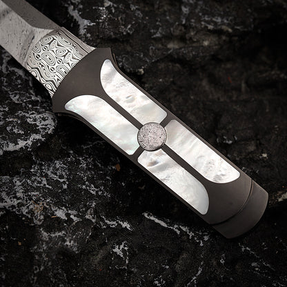 Custom Liner Lock Knife Damasteel Inlaid with Mother of Pearl