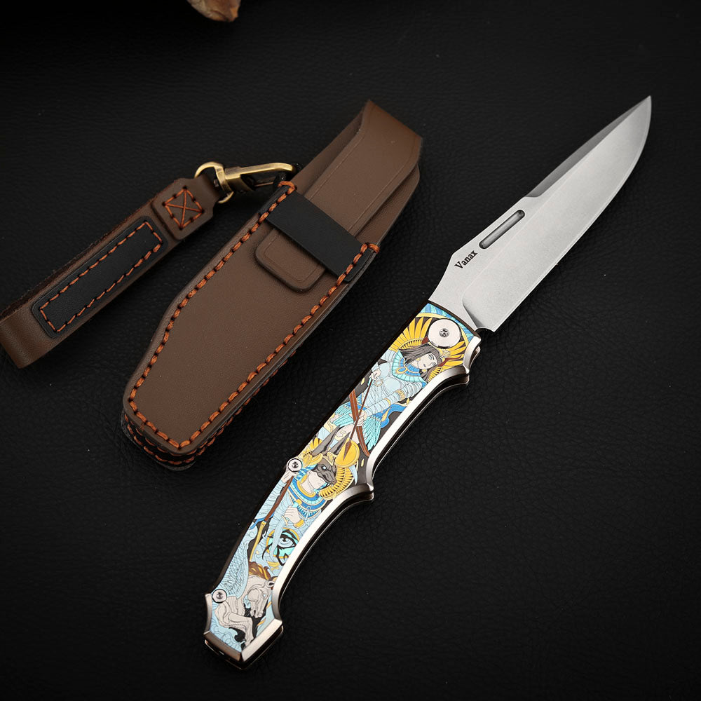 Anubis Pocket Knife Titanium 3D Coloured Sculpting - Vanax Steel