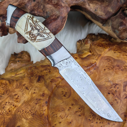 Hand-craved Fixed Blade Knife in Damasteel