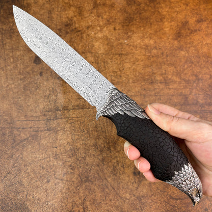 Hand-carved Fixed Blade Knife in Damasteel