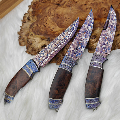 Mosaic Damascus Fixed Blade Knife with Bluing Heat Treatment