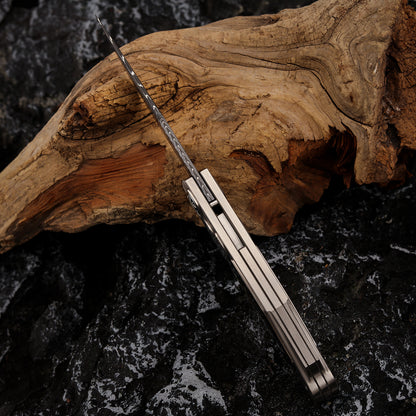 Custom Button Lock Folding Knife Forged Damascus Steel