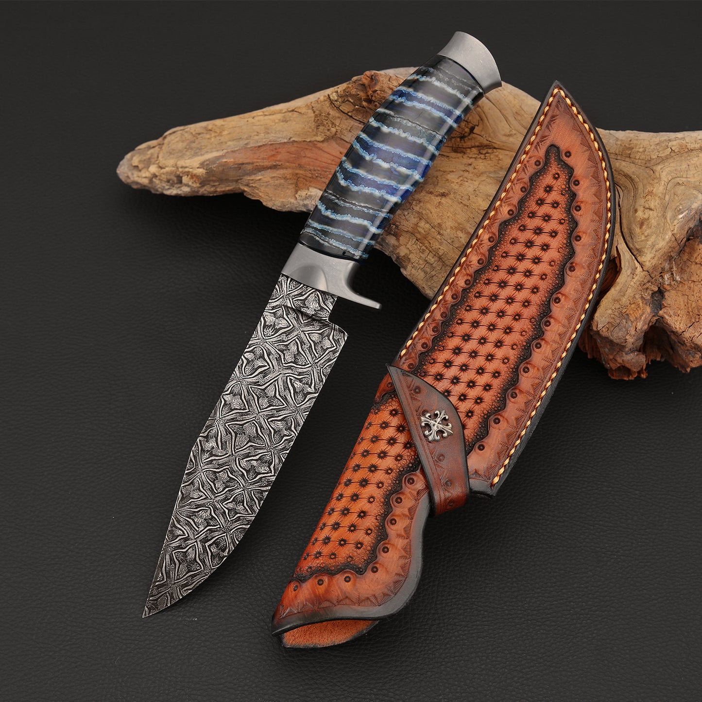Custom Hunter in Mosaic Damascus with Mammoth Tusks