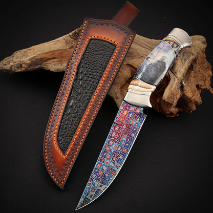 Custom Knives Mosaic Damascus Bluing Heating Leather Sheath