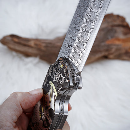 Custom 7.3 Inch Fixed Blade Knife Damasteel Color Titanium Carving