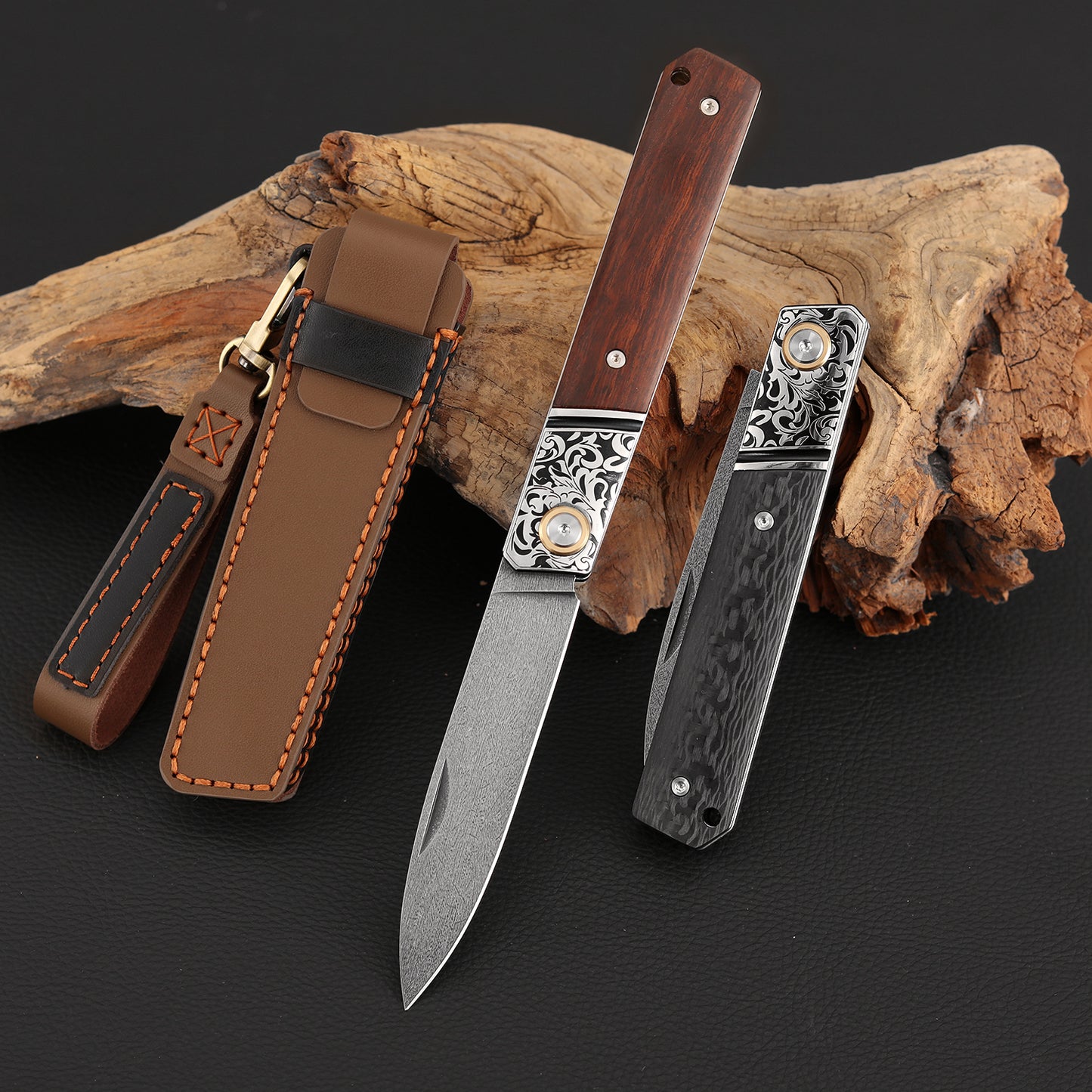 3.5 Incn Slip Joint Pocket Knife Wootz Steel, Ironwood & Carbon Fiber