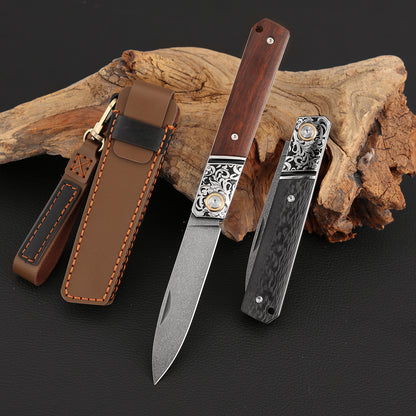 3.5 Incn Slip Joint Pocket Knife Wootz Steel, Ironwood & Carbon Fiber