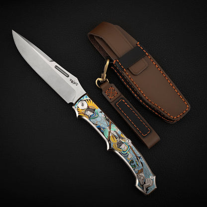 Anubis Pocket Knife Titanium 3D Coloured Sculpting - Vanax Steel