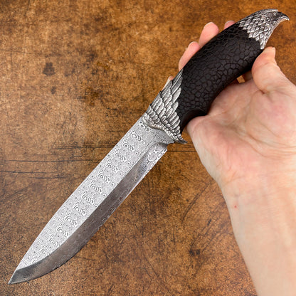 Hand-carved Fixed Blade Knife in Damasteel