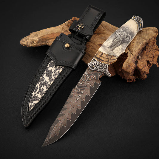 Custom Hand-carved Hunting Knife, Copper-Clad Damascus Steel