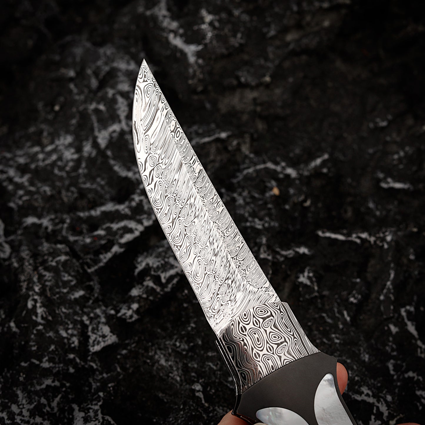 Custom Liner Lock Knife Damasteel Inlaid with Mother of Pearl