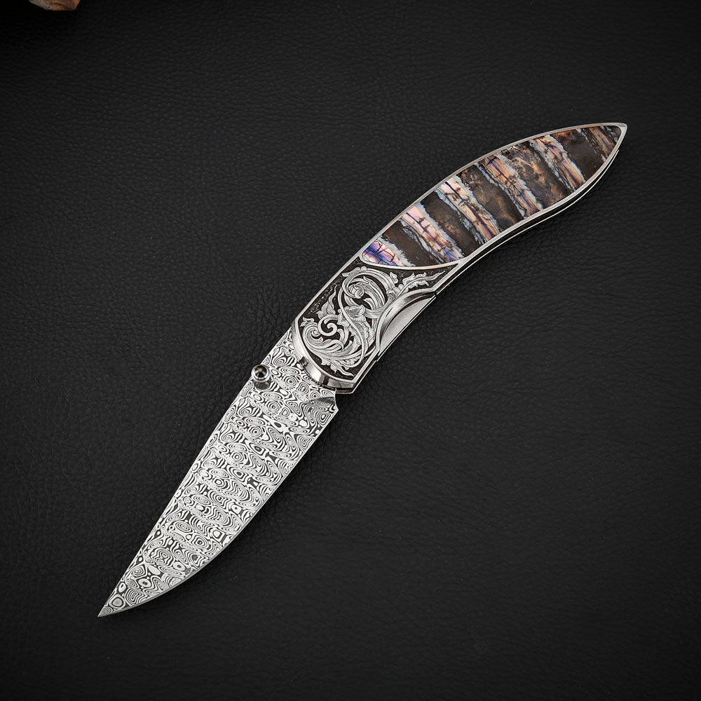 Custom Engraved Liner Lock Folder, Powder Damasteel