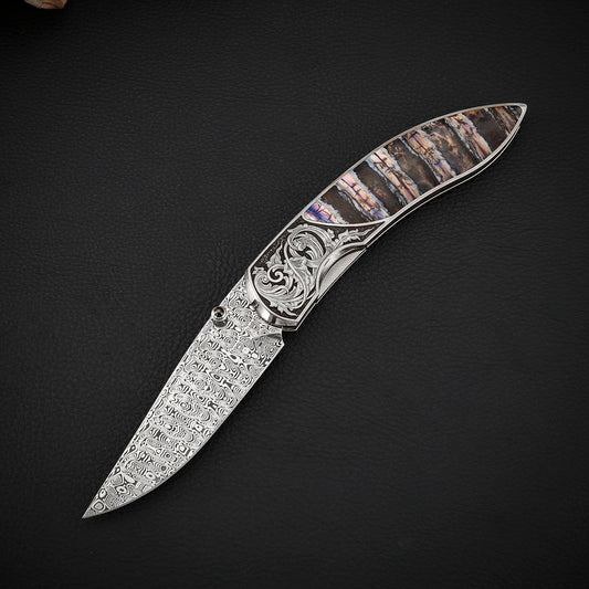 Custom Engraved Liner Lock Folder, Powder Damasteel