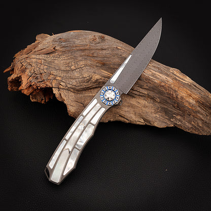 Custom Liner Lock Pocket Knife Forged Damascus Steel Inlaid with Mother of Pearl